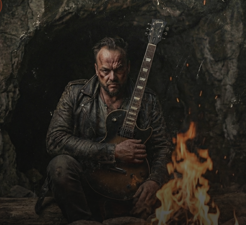 Charlie C, a weathered man with a battered Gibson Les Paul, seated at the mouth of a cave, embers from a fire on the right.