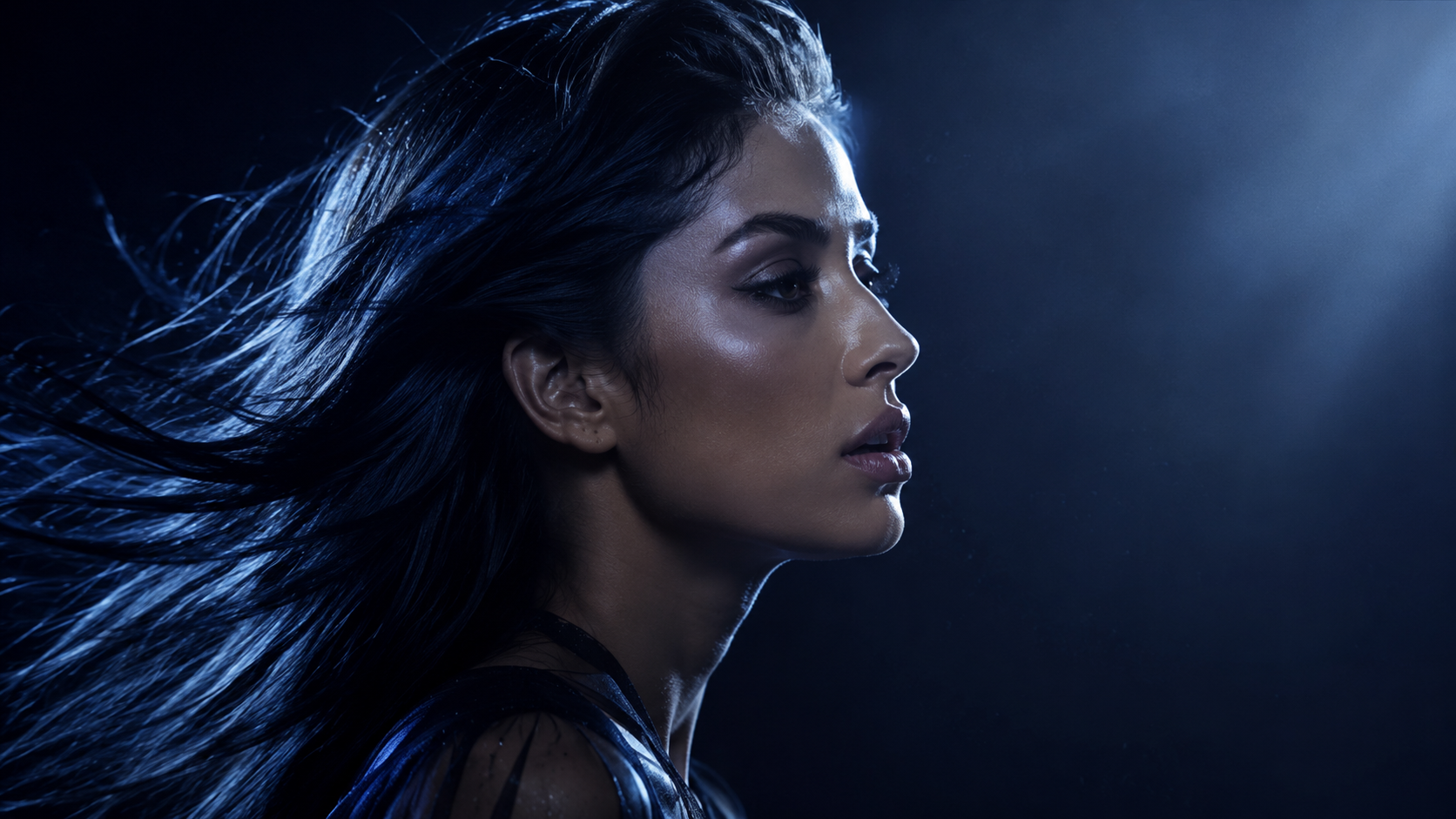 Wind in hair · profile · blue silver