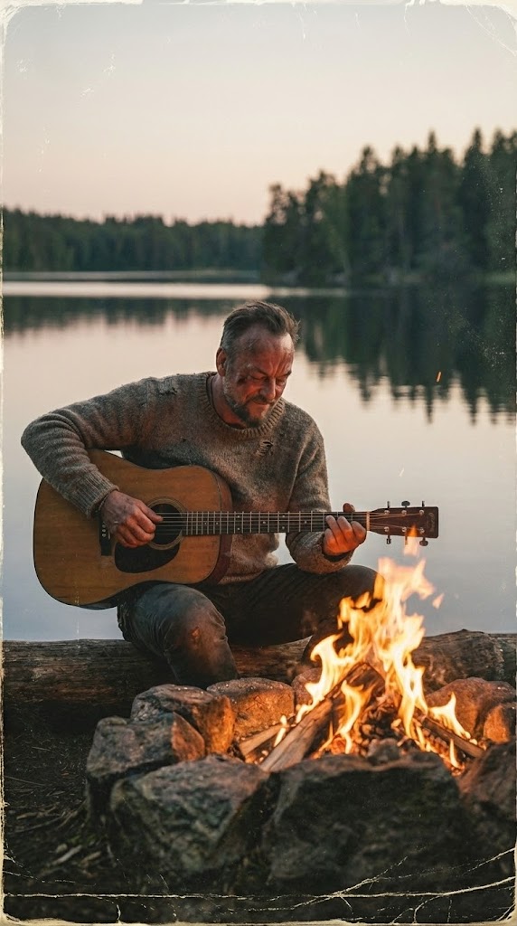 Naimor, a man playing an acoustic guitar by a stone fire pit at dusk, calm lake and forest behind him.
