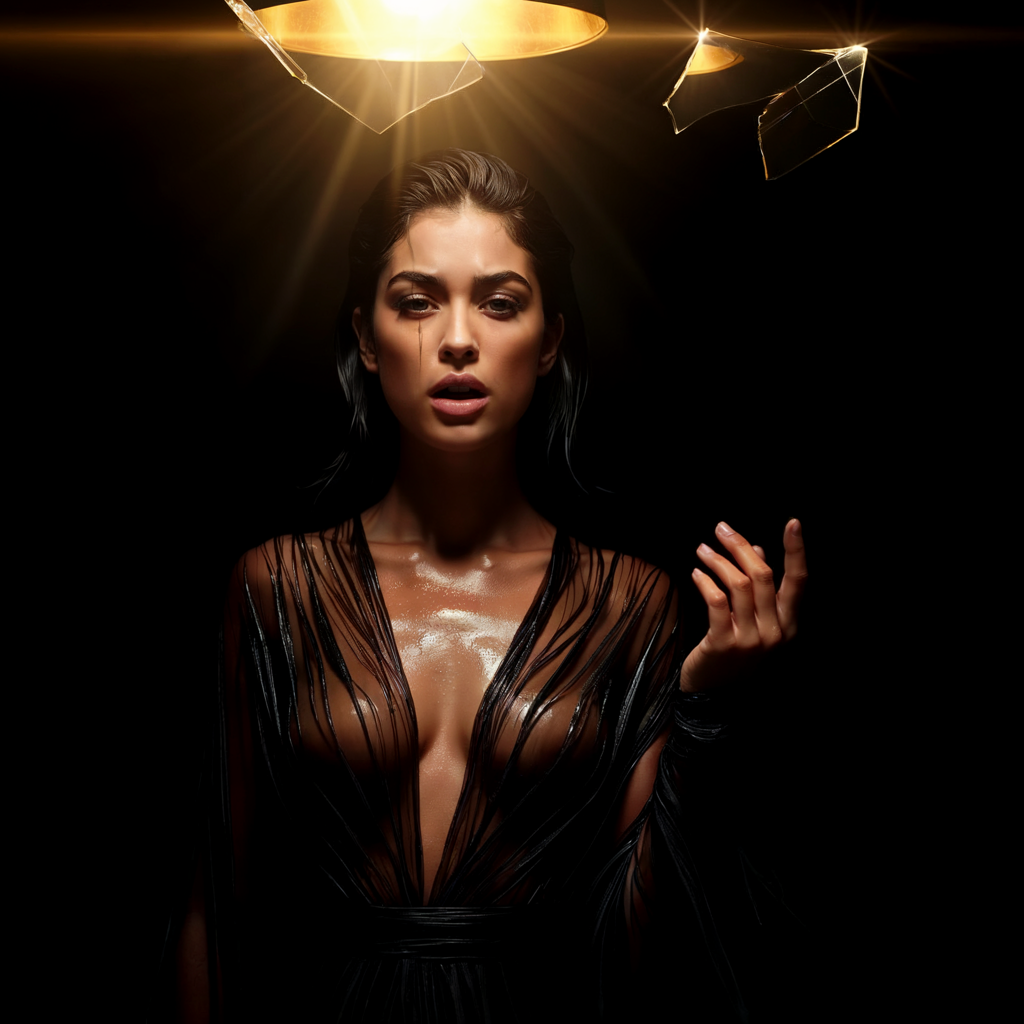 Nova Rai, a woman lit from above by a broken golden lamp, mirror shards drifting in the dark.